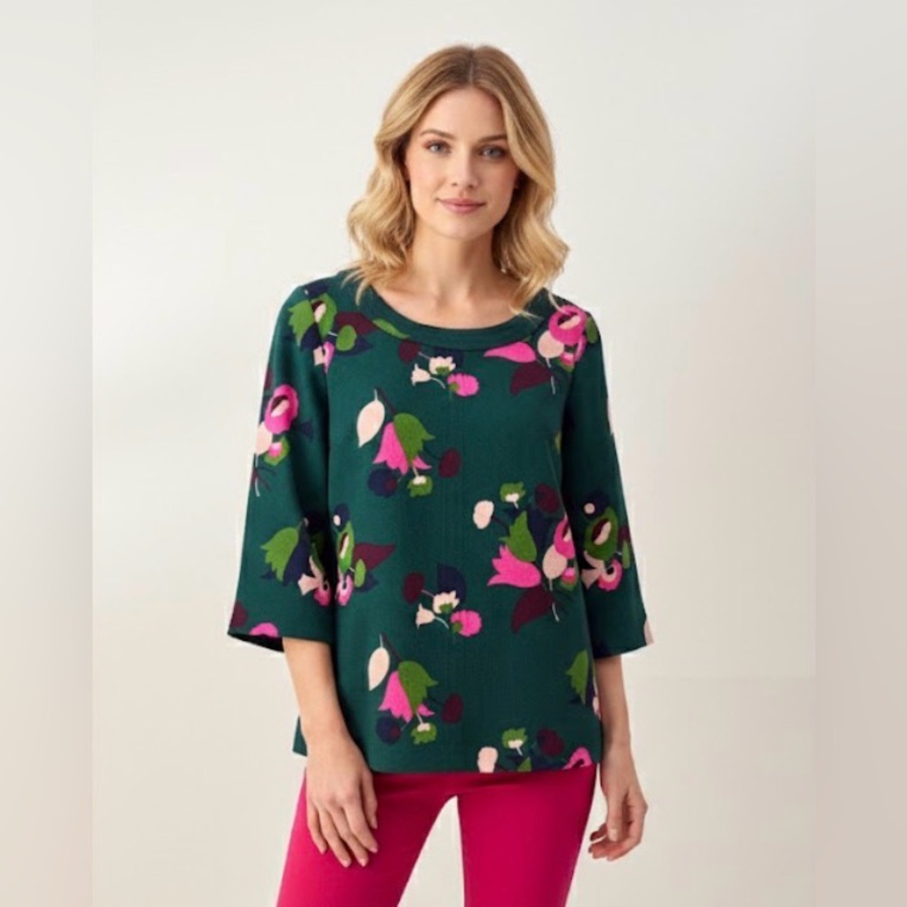 Boden Alda Blouse Green Pink Floral 3/4 Sleeve Jewel Neck Pullover Top 6